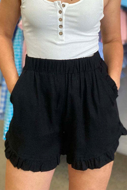 Elastic Waist Wide Leg Ruffle Cotton Linen Shorts Black