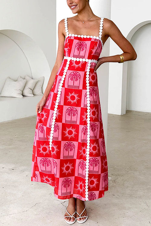 Rosiedress – Maxi-Cremekleid mit Zickzack-Besatz und Schleife auf der Rückseite und Palm Soleil-Print