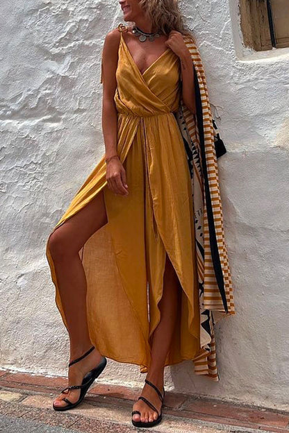 Wrap V Neck Tie Shoulder Slit Irregular Cami Jumpsuit Yellow