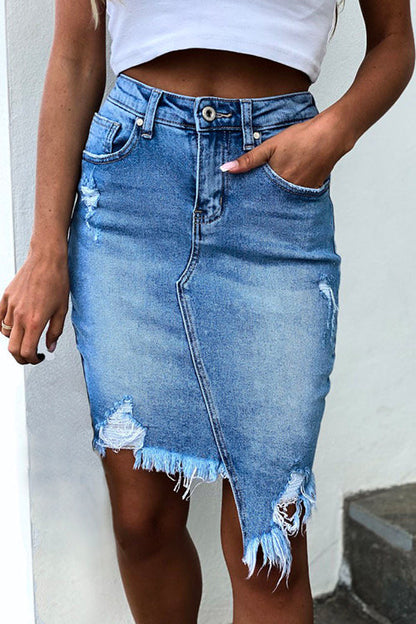 Rosiedress Ripped Raw Hem Irregular Bodycon Denim Skirt