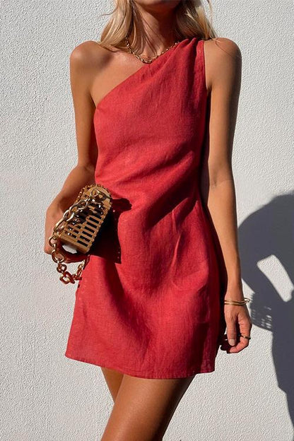 One Shoulder Solid Cotton Linen Mini Dress Red