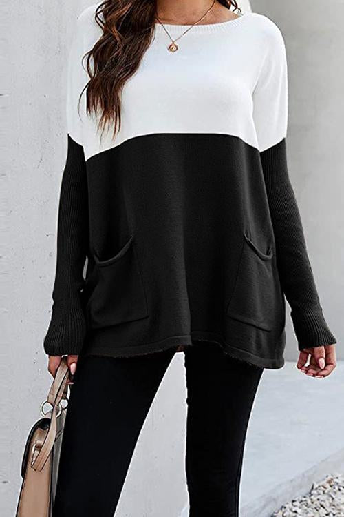 Color Block Knit Pullovers With Pockets Black