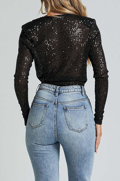 Rosiedress Wrap Deep V Neck Long Sleeves Sequin Bodysuit