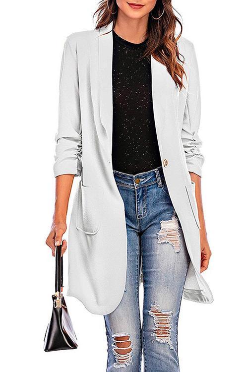 Rosiedress 3/4 Sleeve Ruched One Button Midi Cardigan White