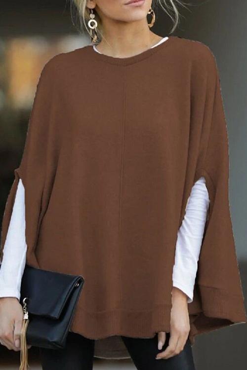 Rosiedress Solid Crewneck Batwing Sleeve Cloak Pullovers Brown