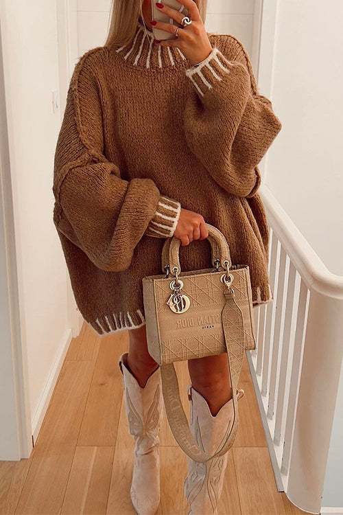 Turtleneck Drop Shoulder Color Block Pullover Sweater Camel