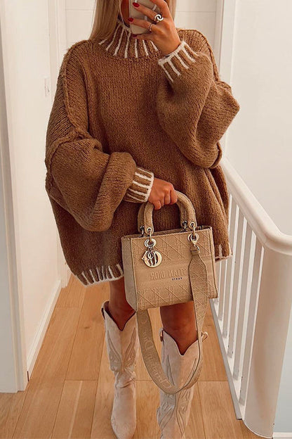 Turtleneck Drop Shoulder Color Block Pullover Sweater Camel