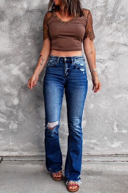 Distressed Bell Bottoms Ripped Jeans DeepBlue