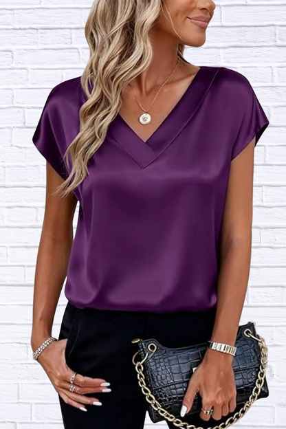 Satin V-Neck Short Sleeve Blouse