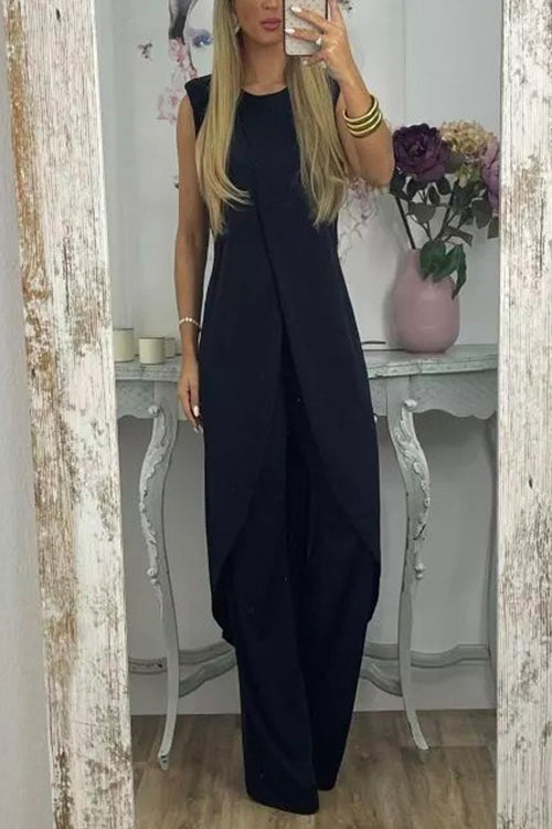 Chic Tulip Hem Sleeveless Long Top Wide Leg Pants Set Black