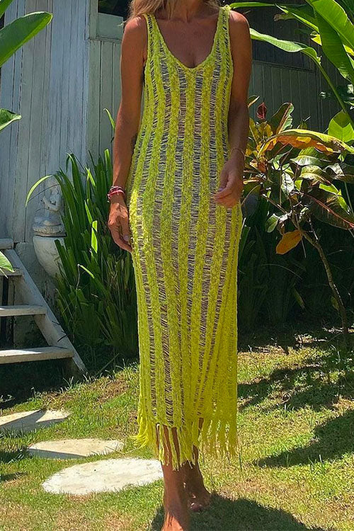 Rosiedress Hollow Out Sleeveless Tassel Beach Cover Up Dress Yellow