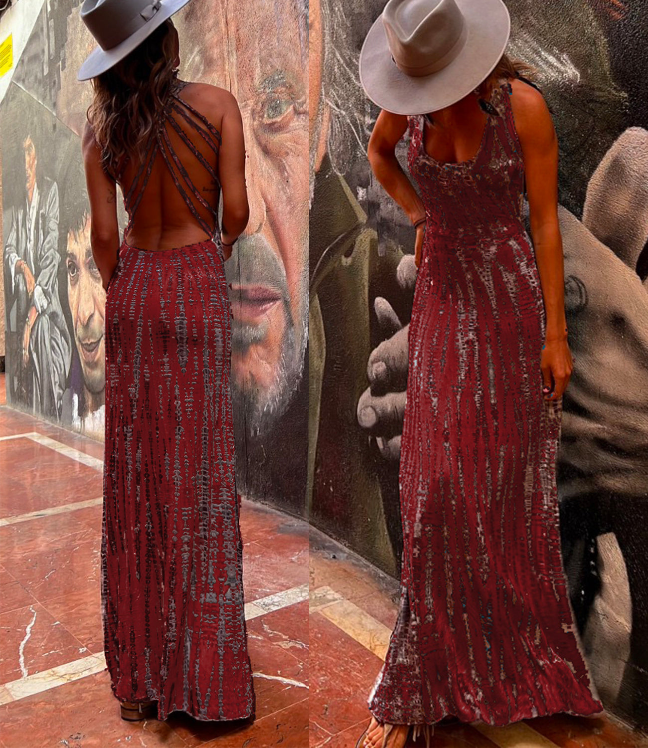 Rosiedress Criss Cross Open Back Tie Dye Maxi Dress Burgundy