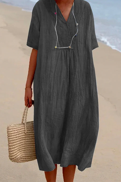 V Neck Short Sleeve Baggy Cotton Linen Midi Dress DarkGray