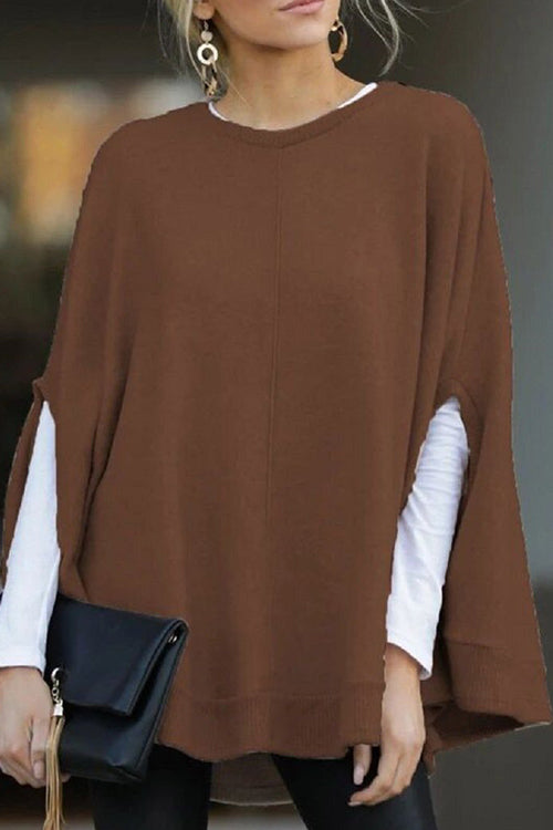 Rosiedress Crewneck Batwing Sleeve Cloak Top Brown