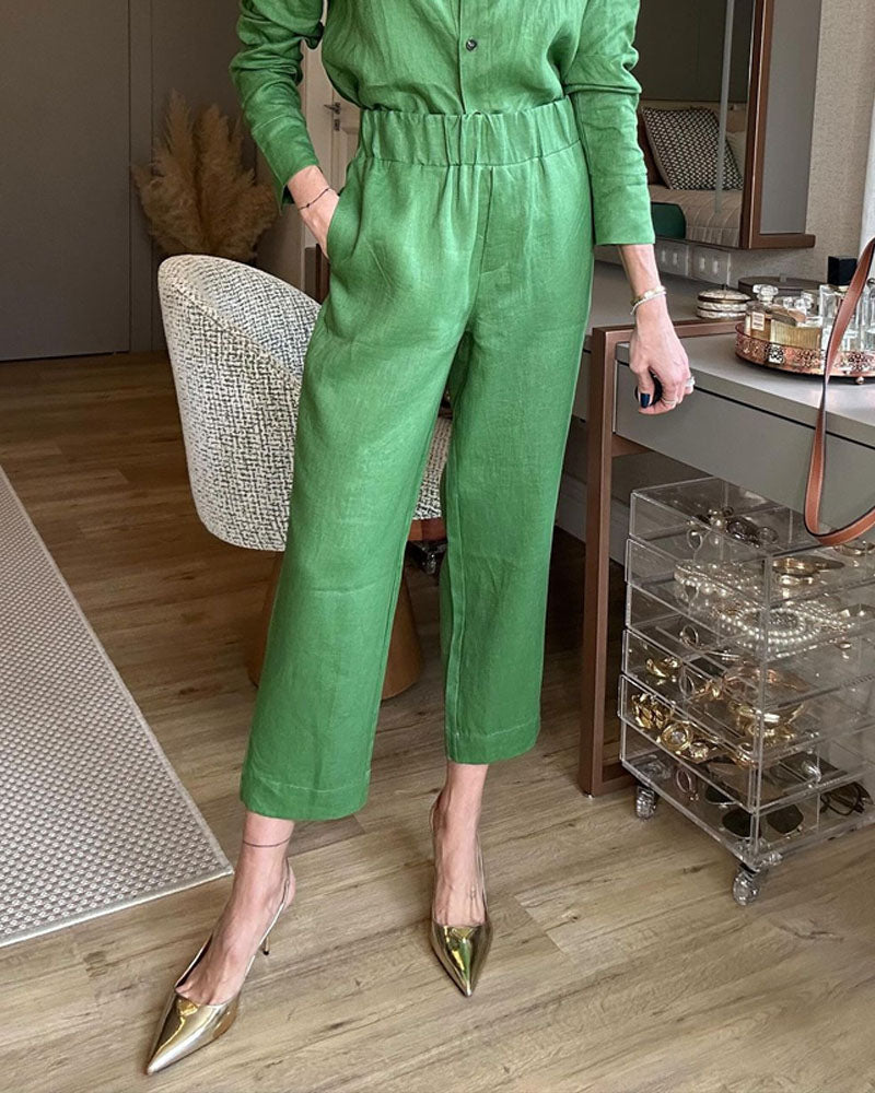 Casual Solid Color Shirt & Pants Two-piece Set