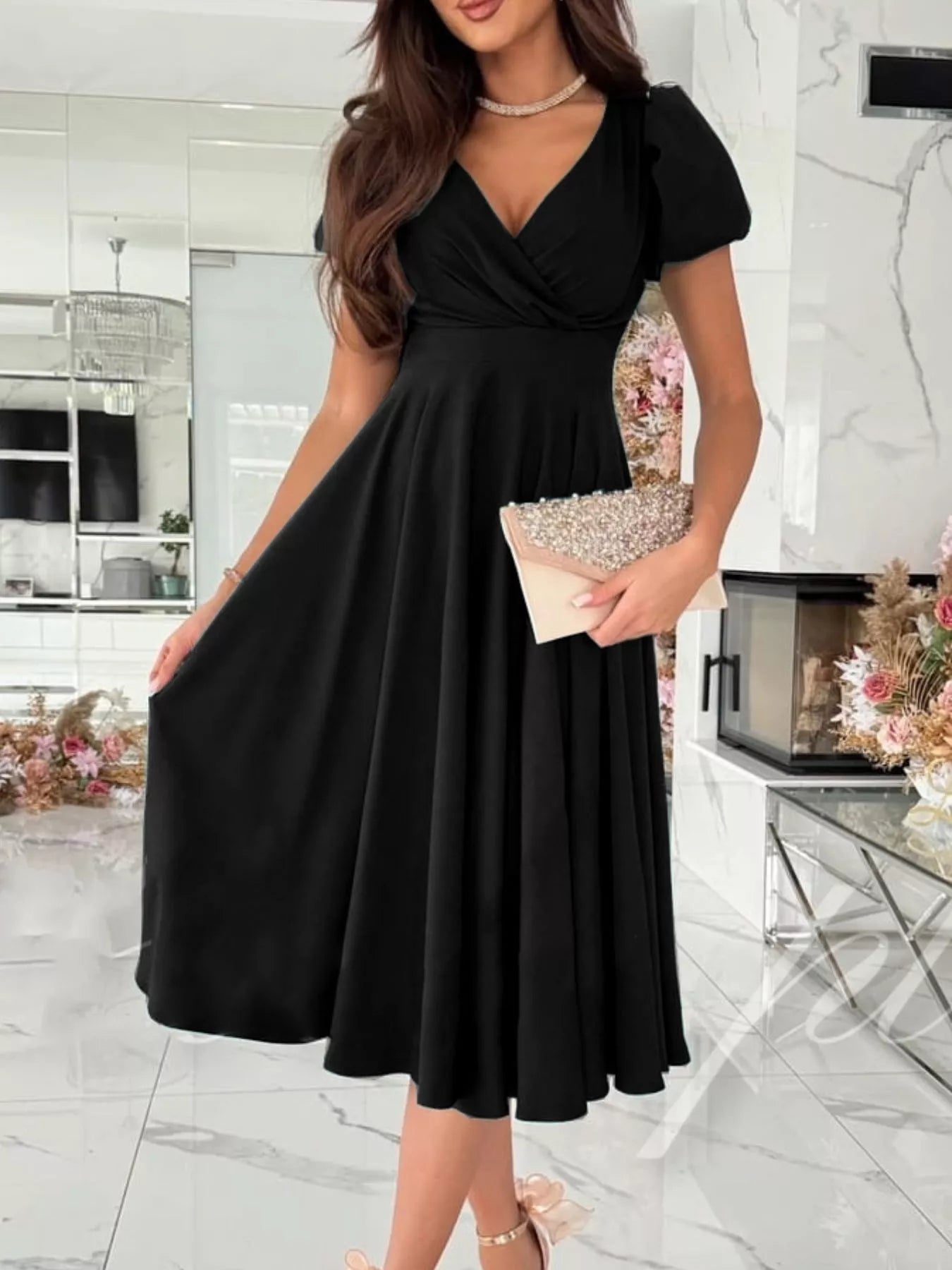 Surplice Puff Sleeve Midi Dress