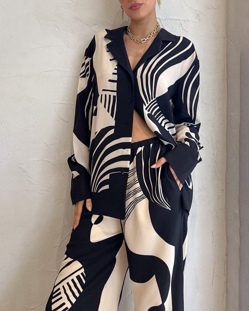 Black and white printed lapel loose two-piece set