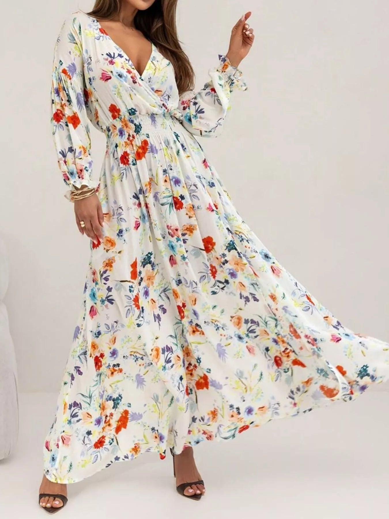 Bohemian Printed Maxi Dress with Plunging Neckline