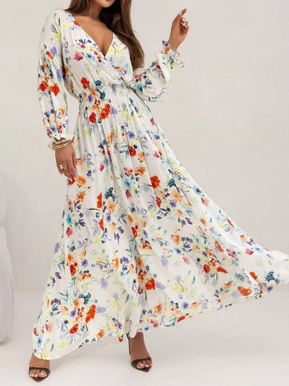 Bohemian Printed Maxi Dress with Plunging Neckline