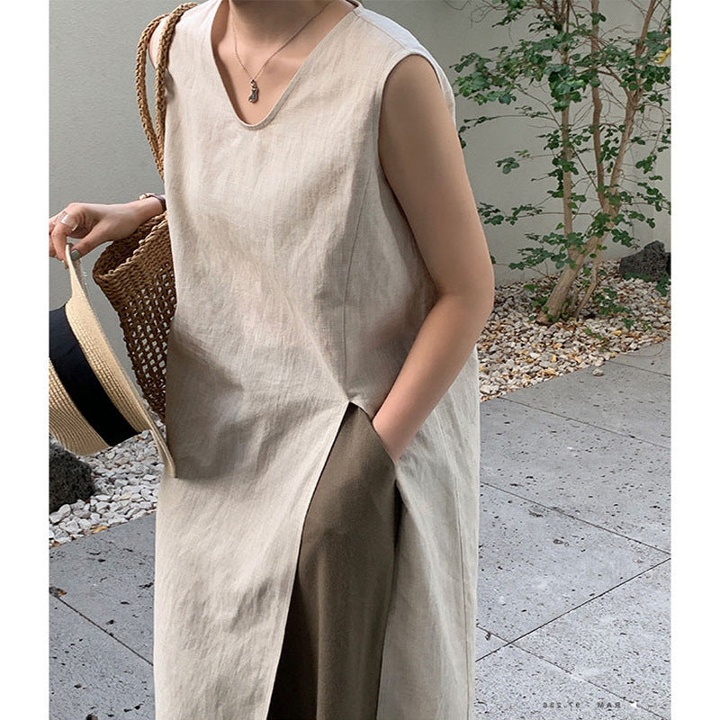 Simple Sleeveless Linen Long Shirt