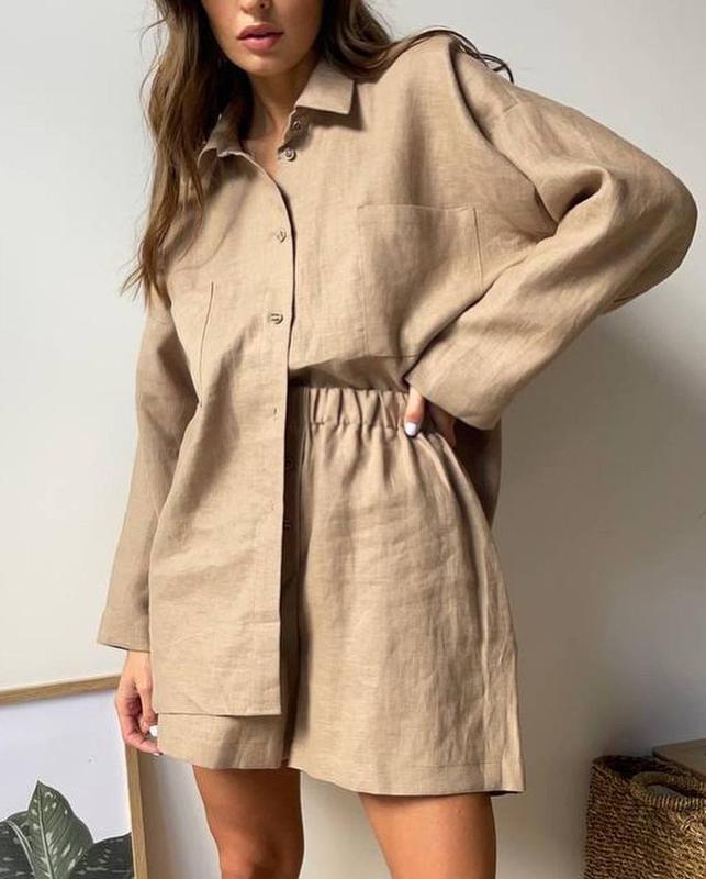 Loose Solid Color Long Sleeves Shirt and Shorts Suit