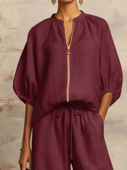 Full Size Zip-Front Top and Wide-Leg Pants Set Plus Size