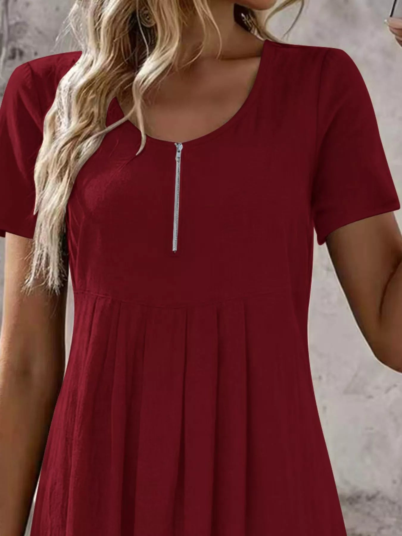 Zipper-Front Short Sleeve A-Line Dress