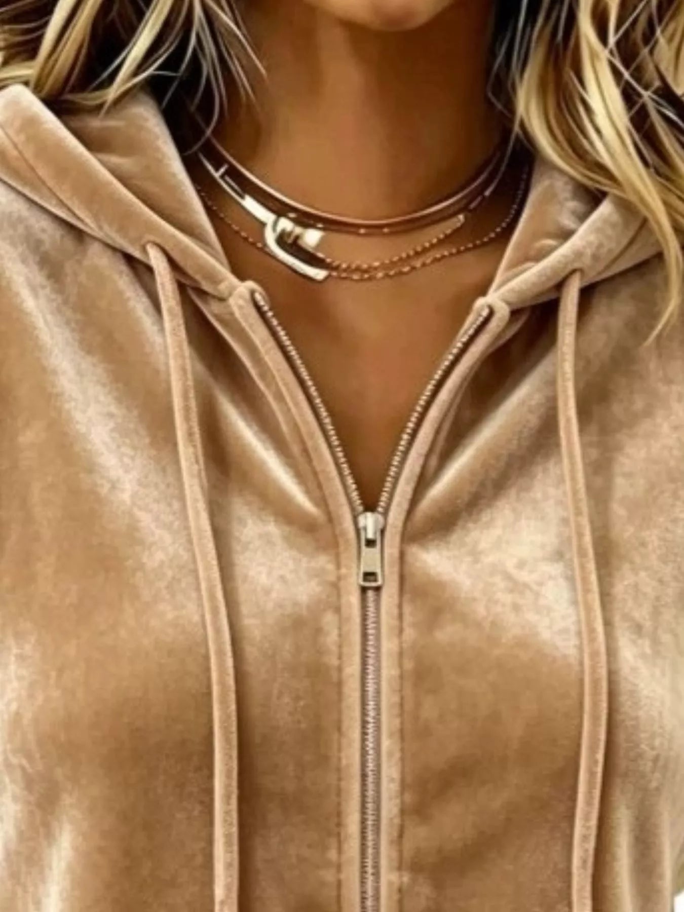Full Size Velvet Zip-Up Hoodie with Drawstring Plus Size