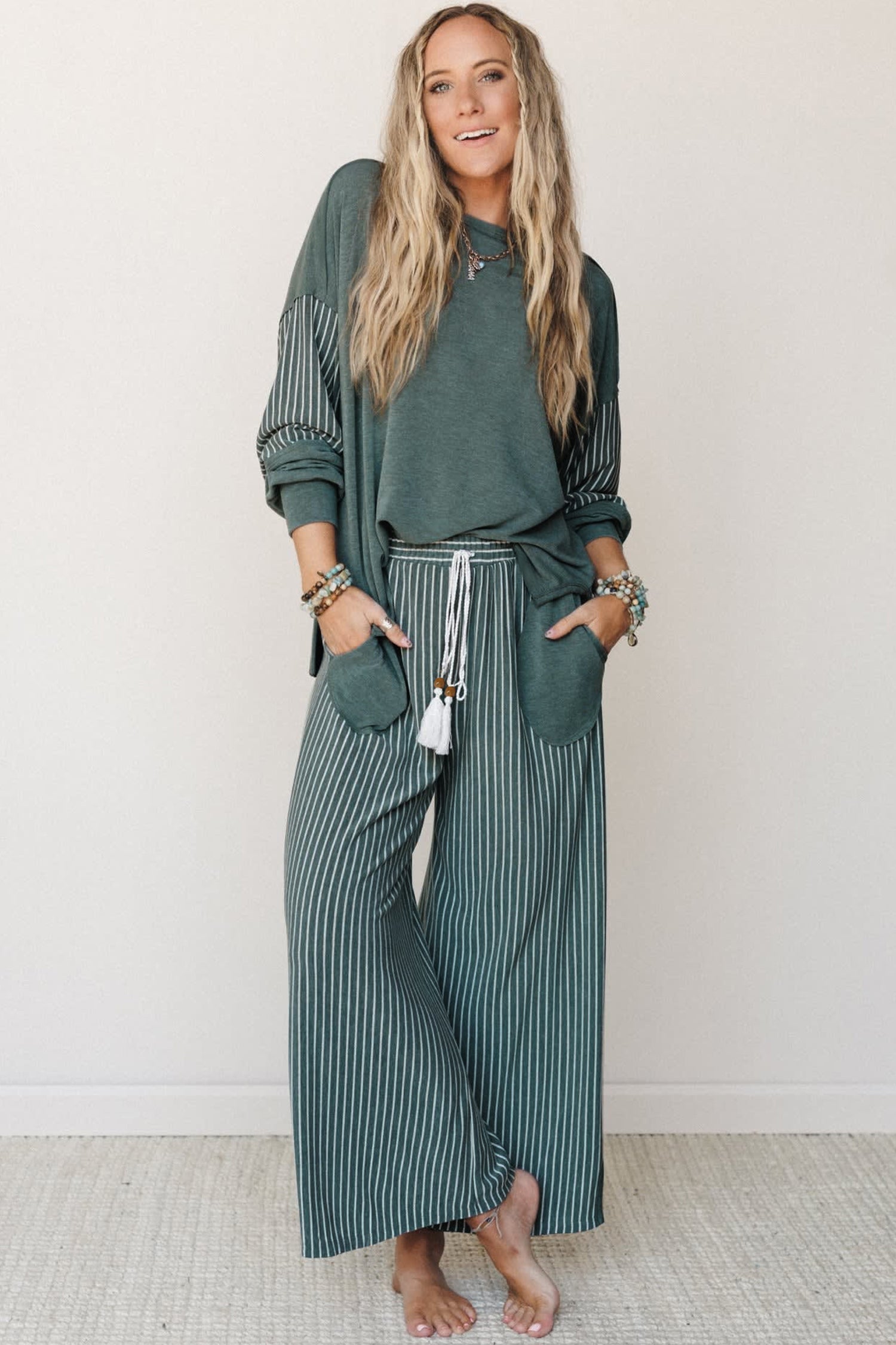 Fushia Raw Seam Patchwork Long Sleeve Top Pocket Casual Pants 2pcs Set