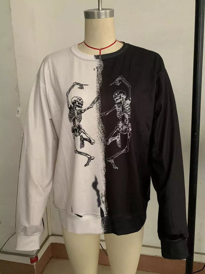 Halloween Skeleton Print Color Block Sweatshirt