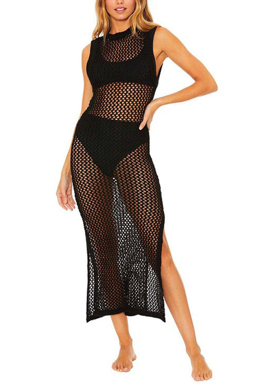 Backless Side Slit Bikini Cover Up Dress Black OneSize