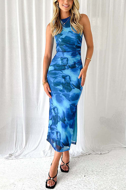 Sleeveless Side Slit Printed Bodycon Midi Dress