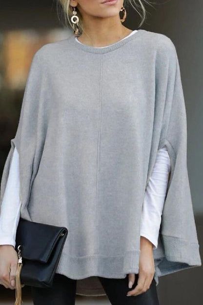 Solid Crewneck Batwing Sleeve Cloak Pullovers LightGray