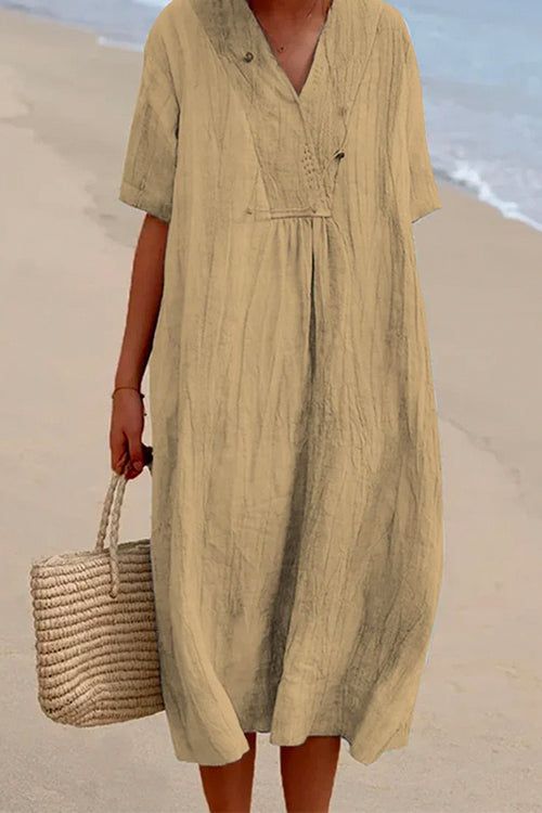 V Neck Short Sleeve Baggy Cotton Linen Midi Dress Khaki