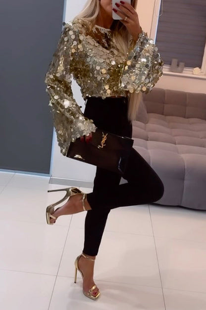 Long Bell Sleeves Metallic Sequin Crop Top