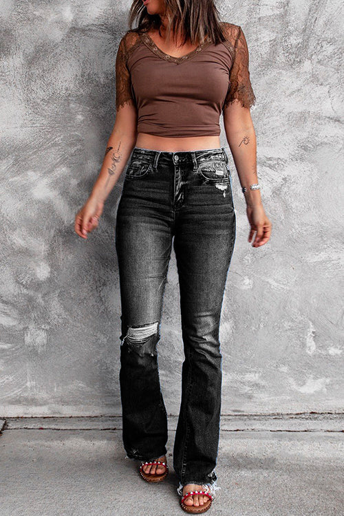 Rosiedress Distressed Bell Bottoms Ripped Jeans Black