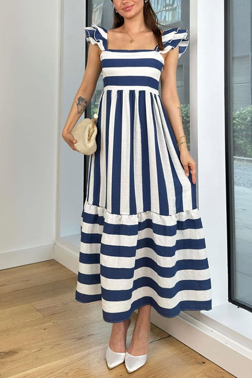 Rosiedress Square Neck Ruffle Sleeves Striped Maxi Dress Blue