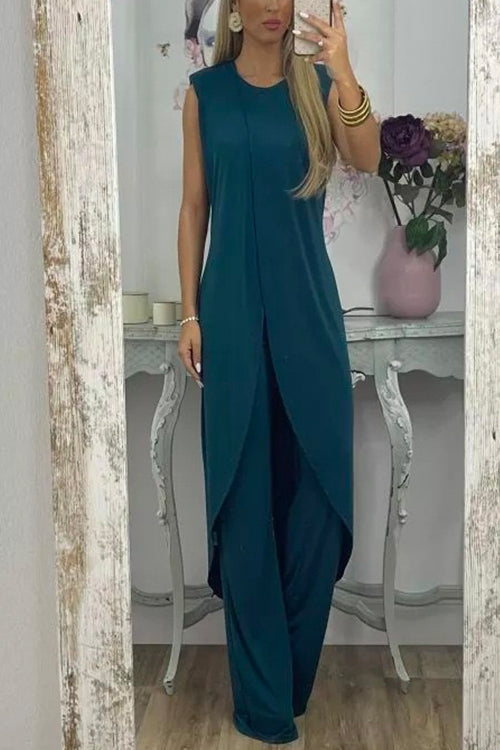 Rosiedress Chic Tulip Hem Sleeveless Long Top Wide Leg Pants Set DarkGreen