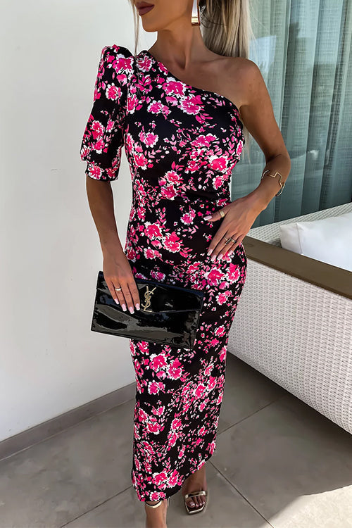 One Shoulder Waisted Floral Maxi Bodycon Dress Black
