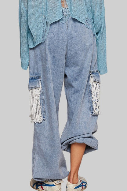 Blue Zone Planet | Pol Crochet Patch Distressed Washed Jeans