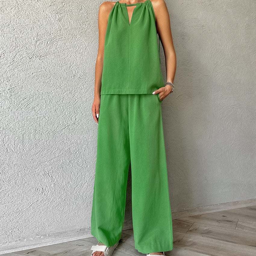 Cotton And Linen Cut-Out Lace-Up Vest & Wide-Leg Pants Two-Piece Set