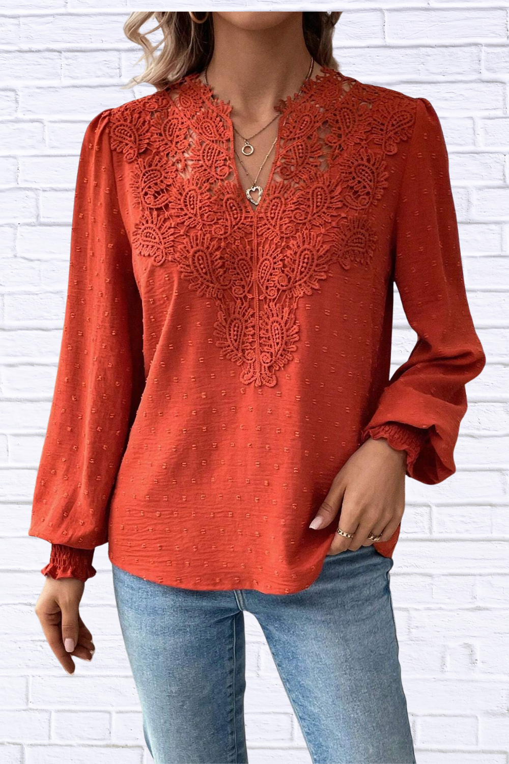 Swiss Dot Lace Detail Long Sleeve Blouse