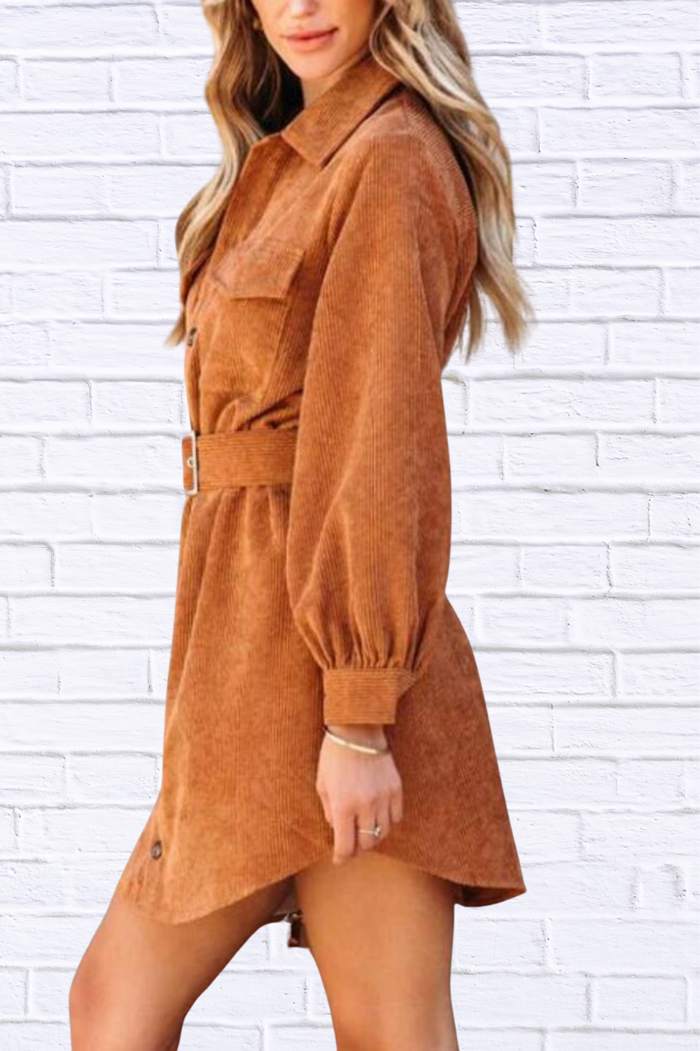 Button Front Belt Long Sleeve Corduroy Dress