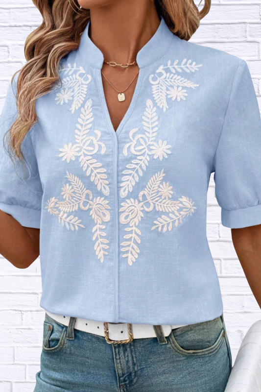 Embroidered Notched Neck Blouse for Women | Black Short Sleeve Floral