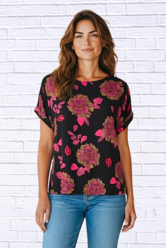 🌸 Black & Pink Floral Print Short Sleeve Blouse