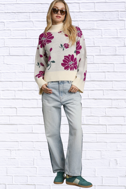 Umgee Floral Patterned Mock Neck Sweater