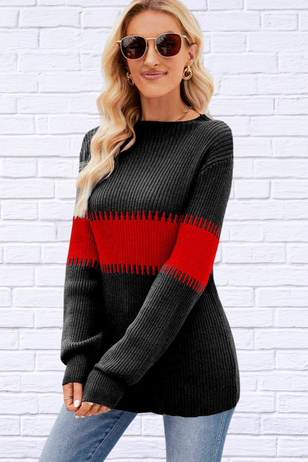 Contrast pink and Teal Round Neck Sweater