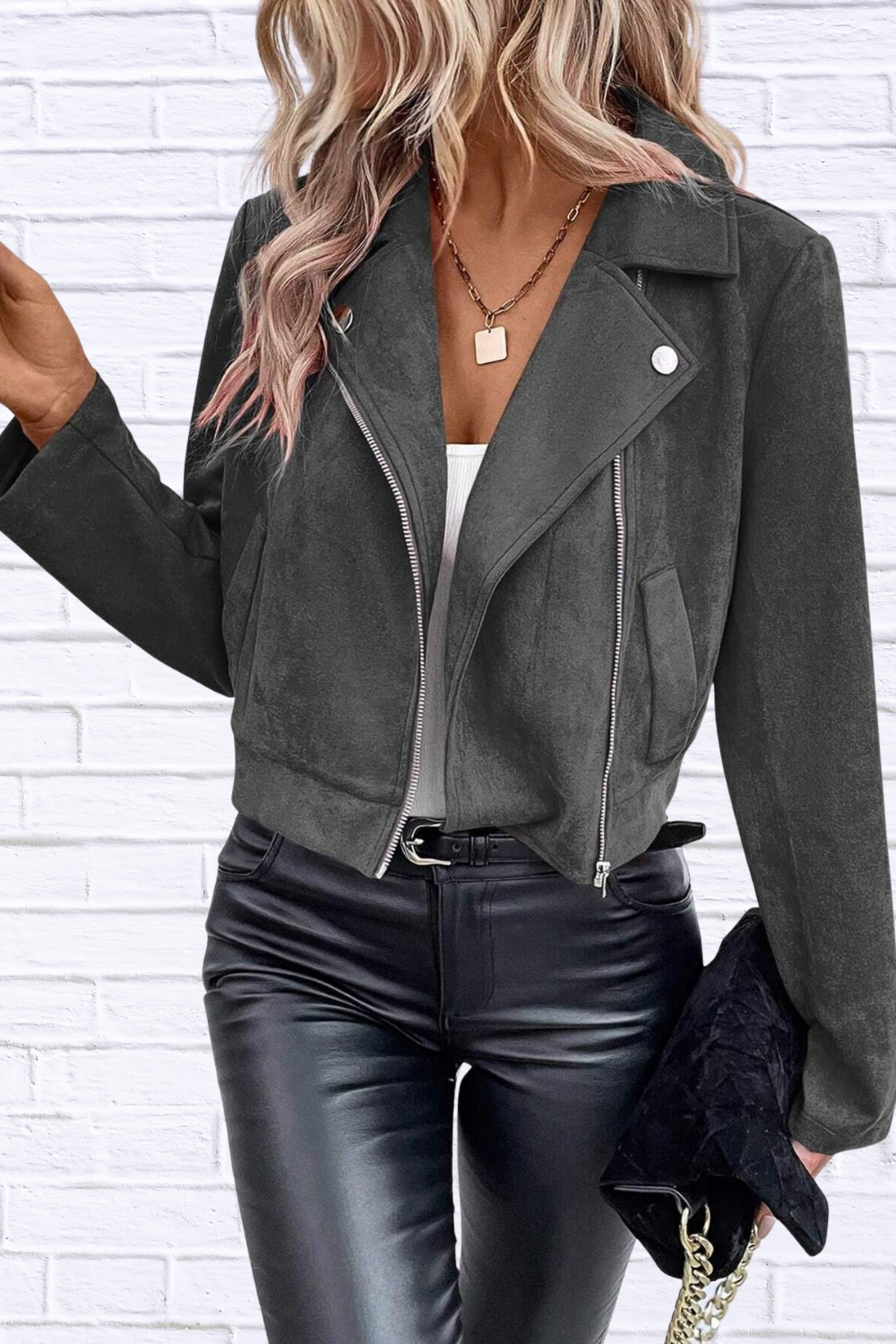 Zip Up Suede Cropped Moto Jacket