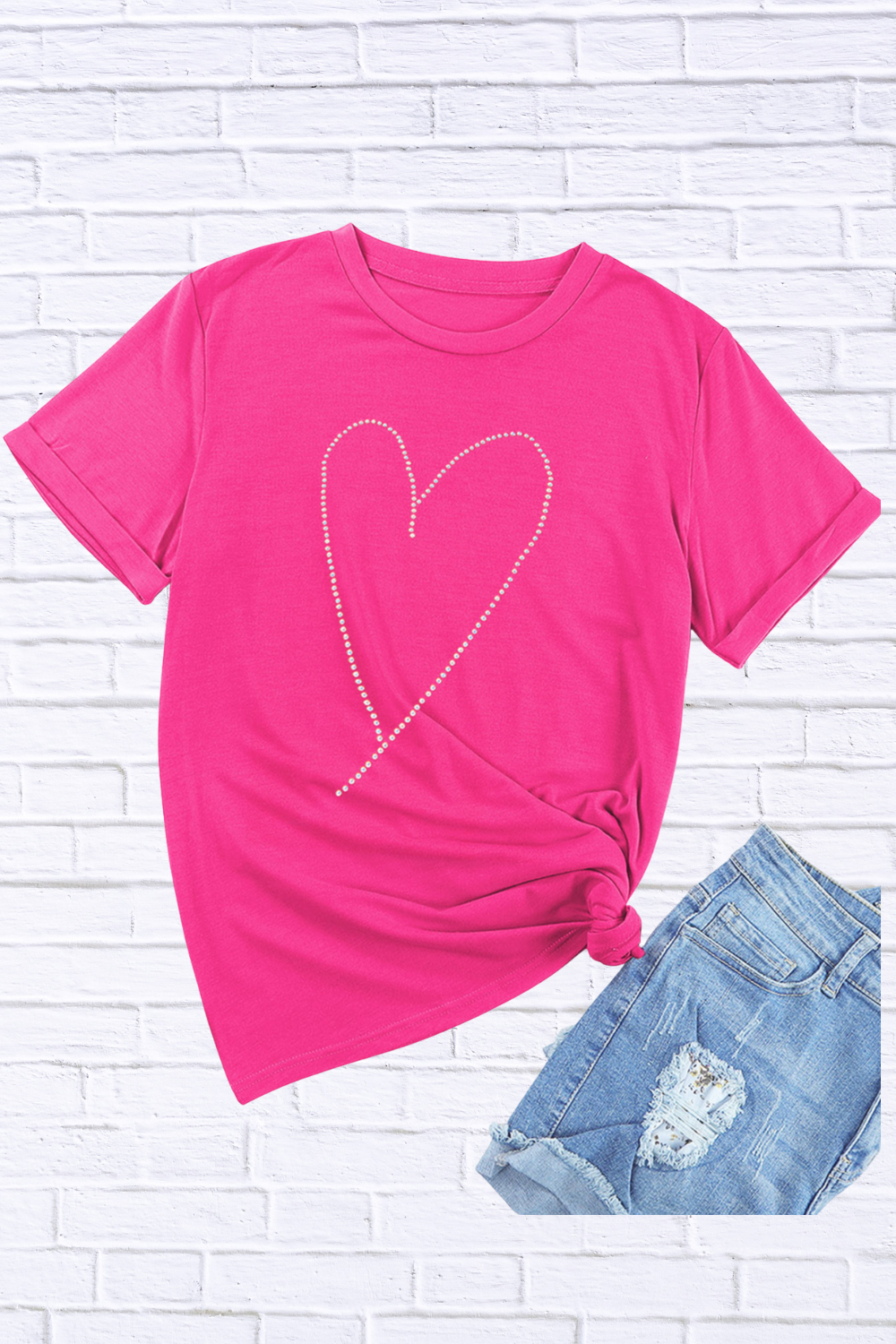 Rhinestone Heart Graphic Crew Neck Valentines Tee