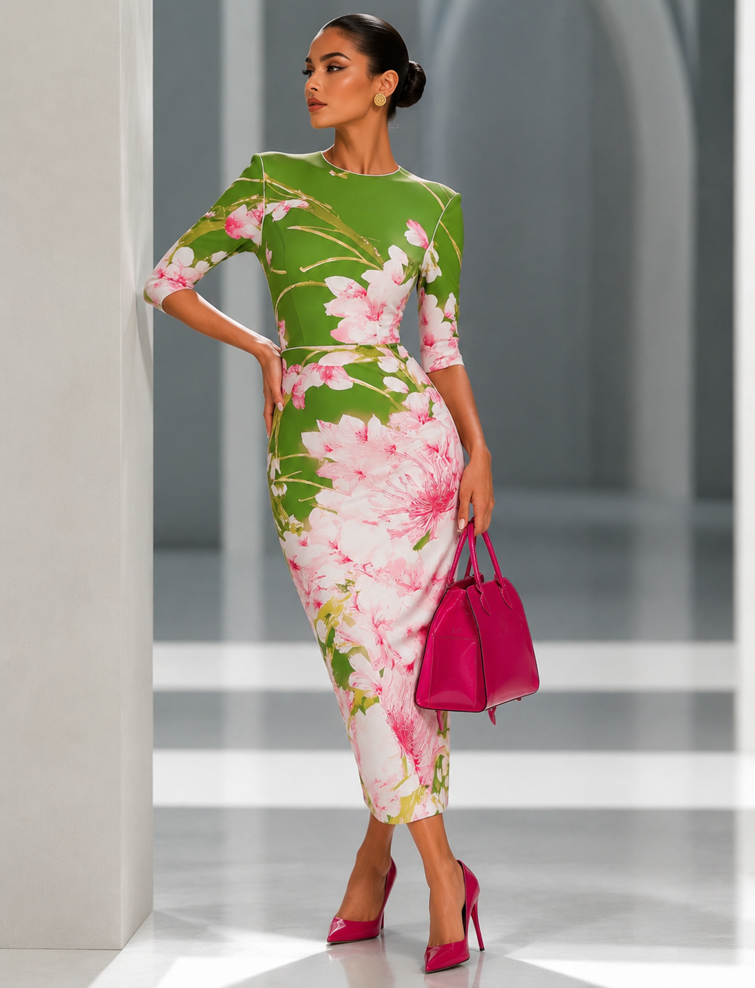 Green Floral Midi Dress for Women | Elegant Occasion Dress